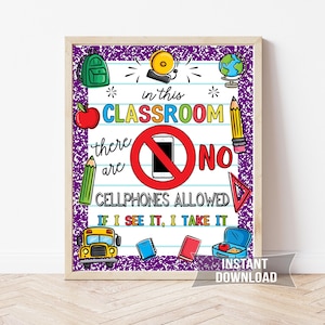 No Cellphones Allowed Sign, Classroom Poster Printable, No Phone Zone Wall Decor, School Rules Sign for Teachers, Instant Download, NC2