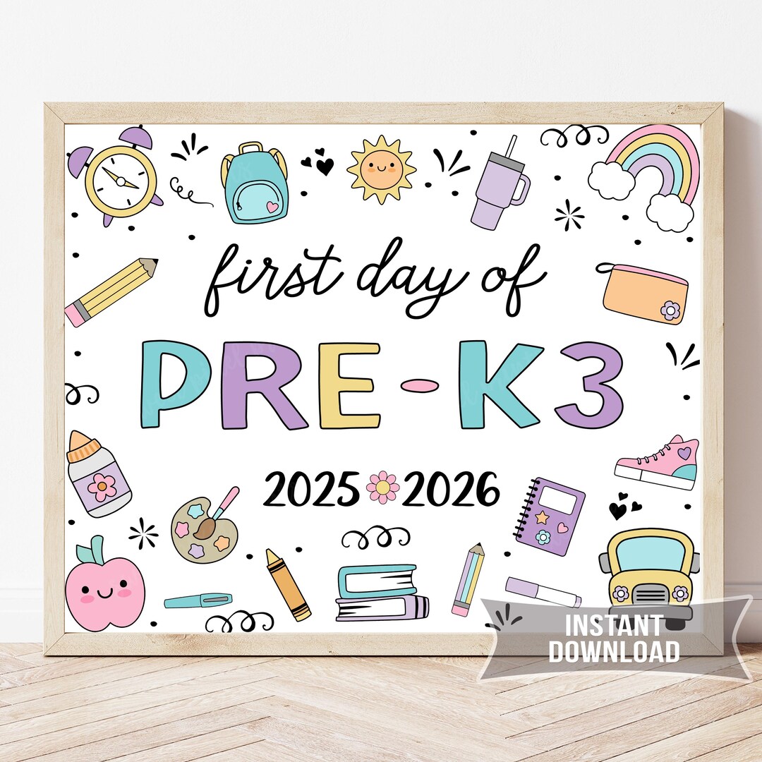 First Day of Pre K3 Sign, 1st Day of School Photo Prop, Pre K 3 ...