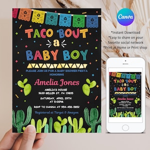 Fiesta Baby Shower, EDITABLE Taco &#39;Bout a Baby Boy Invitation, Mexican Theme Invite, Chalkboard Background, Printable INSTANT DOWNLOAD, FM6