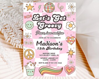 Editable Groovy Birthday Invitation Retro 70s Party Printable