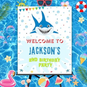 Editable Shark Birthday Welcome Sign, Shark Theme Pool Party Decor, Summer Party Printable Sign, Canva Template, Instant Download, SA1