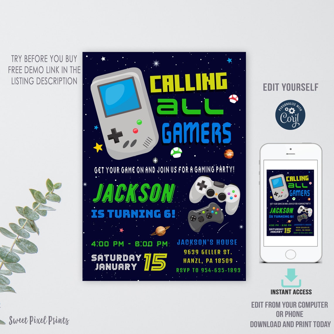 Gamer Birthday Invitation Video Game Party EDITABLE Gamer Etsy