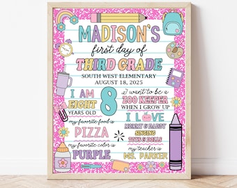 May include: A personalized school sign for Madison's first day of third grade at South West Elementary on August 18, 2025. The poster features a lined paper background, a pink glitter border, and colorful illustrations of school supplies.