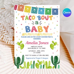 Fiesta Baby Shower, EDITABLE Taco &#39;Bout a Baby Invitation, Mexican Theme Invite, Printable Digital  Canva Template, INSTANT DOWNLOAD, FM5