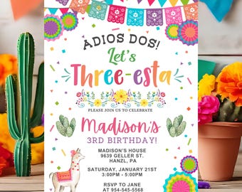 Fiesta Birthday Invitation, EDITABLE Girl Three-esta birthday invitation, Adios dos invite Mexican invitation, INSTANT DOWNLOAD FM1