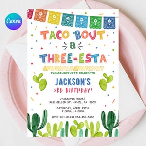 Tacos 'Bout a Party Invitation, MODIFIABLE Invitation de trois ans, modèle 3e anniversaire sur le thème des tacos mexicains, numérique imprimable, TÉLÉCHARGEMENT IMMÉDIAT FM5
