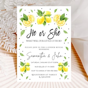 Er oder Sie Gender Reveal Einladung, EDITIERBARE Lemon Babypartyeinladung, Lemon Gender Reveal Vorlage, Printable Canva, SOFORTIGER DOWNLOAD, LS3