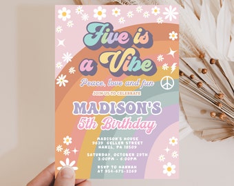 Groovy 5th Birthday Invitation, EDITABLE Five is a Vibe invitation, Retro Invite, Fifth birthday invite, INSTANT DOWNLOAD Printable, GR4