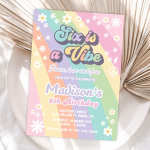 Groovy 6e verjaardagsuitnodiging, bewerkbare Six Is a Vibe Invite, retro verjaardagsfeestje, zesde verjaardag canva sjabloon, download afdrukbare GR7
