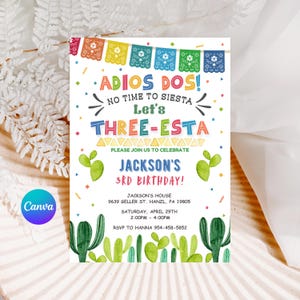 Fiesta 3e verjaardagsuitnodiging, BEWERKBARE Three-esta Mexican Invite, Adios Dos No Time to Siesta-sjabloon, AFDRUKBARE Instant Download, FM5