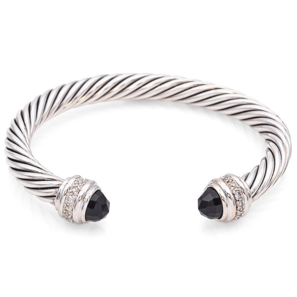 David Yurman Sterling Silver & 18K Gold Black Onyx and Diamond Cable Cuff Bracelet