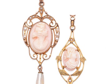 Lot of 2 Antique Victorian 10K Gold Coral & Seed Pearl Lavalier Cameo Pendants