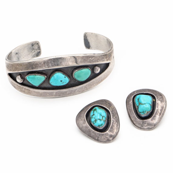 Vintage Navajo LO Signed Sterling Silver Turquois… - image 1