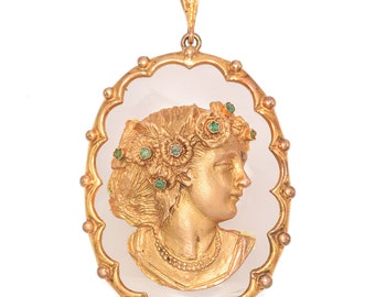 Vintage 9K Yellow Gold Agate & Emerald Cameo Pendant