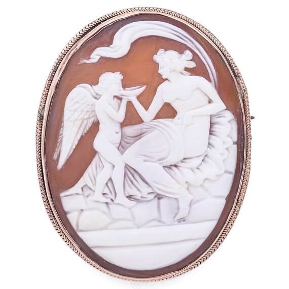 Antique Victorian 10K Rose Gold Cameo Shell Cupid… - image 1