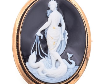 Antique 10k Gold Hardstone Cameo Aphrodite/Birth of Venus Dolphin Brooch Pendant