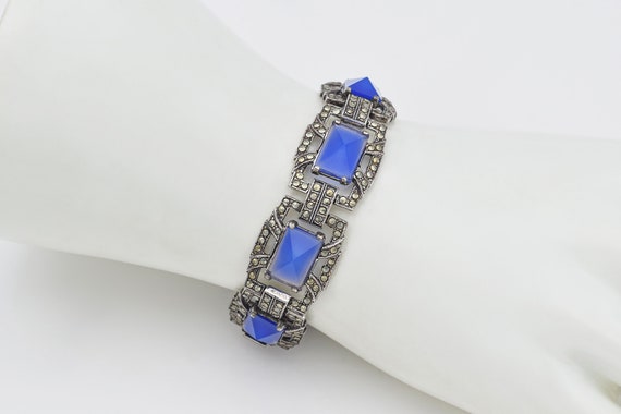 Vintage Sterling Silver Blue Glass & Marcasite Te… - image 6