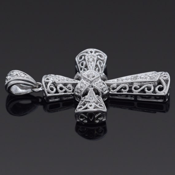 Estate 14K White Gold Diamond Filigree Cross Pend… - image 2