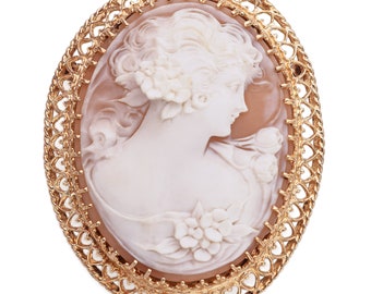 Antique 13k Yellow Gold Cameo Shell Flora God of Flowers Brooch Pin