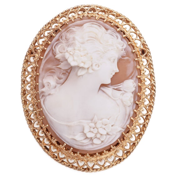 Antique 13k Yellow Gold Cameo Shell Flora God of … - image 1