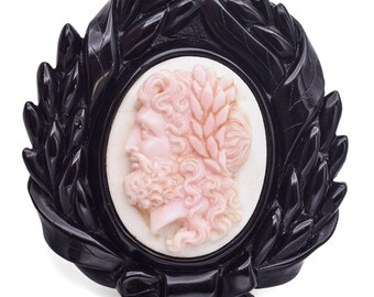Antique Jet & Conch Shell Zeus Cameo Brooch Pin