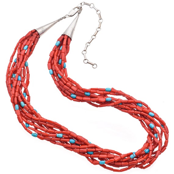 Estate Sterling Silver Red Coral & Turquoise Beade