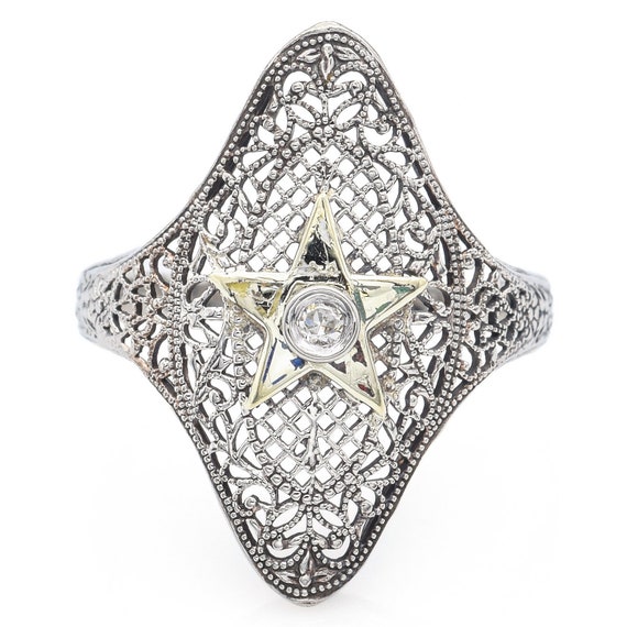 Antique Art Deco Diamond 14K White Gold Star Cock… - image 1