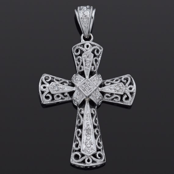 Estate 14K White Gold Diamond Filigree Cross Pend… - image 1