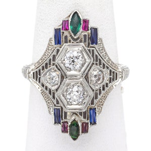 Antique 18K Gold 0.50 TCW Diamond, Pink Blue Spinel & Green Paste Art Deco Ring