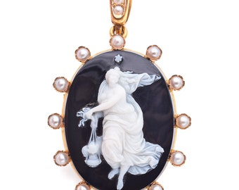 Antike 22K Gold Hardstone Cameo & Perle Vesta Wächterin des Herdes Brosche Anhänger