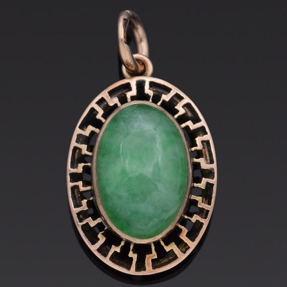 Vintage 14K Yellow Gold Green Jade Oval Cabochon … - image 1
