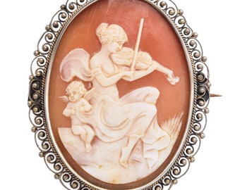 Antique Silver Shell Cameo Muse with Cupid Brooch Pin Pendant