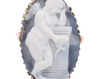 Antiker viktorianischer 18K Gelbgold Blau Hardstone Cherub Cameo Oval Ring