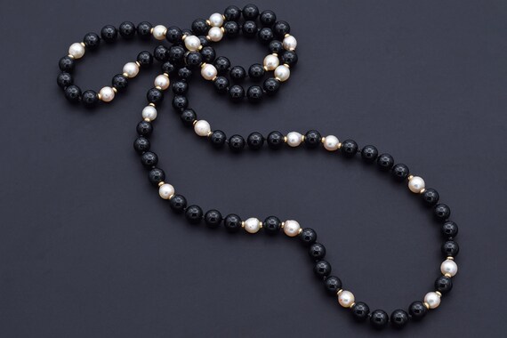 Vintage 14K Yellow Gold Pearl & Onyx Beaded Stran… - image 1