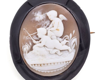 Antique Victorian Gold Plated Cameo Shell Jet Cherub Fishing for Love Brooch Pin