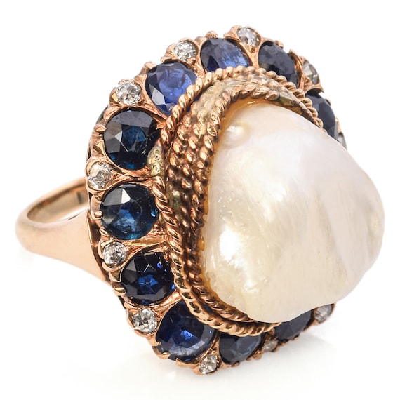 Antique Yellow Gold Pearl, Sapphire & Diamond Coc… - image 1