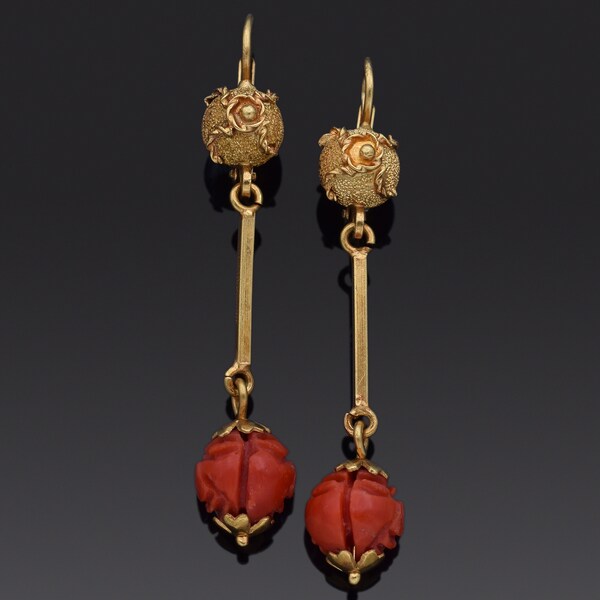 Vintage Corletto Italian Red Coral 14K Yellow Gold Leverback Dangle Earrings