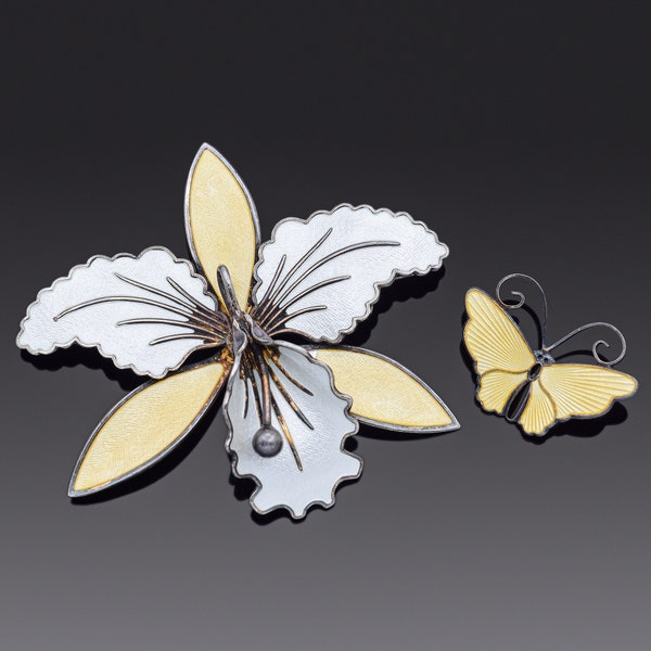 Aksel Holmsen & David Andersen Sterling Silver Floral Butterfly Enamel Brooches