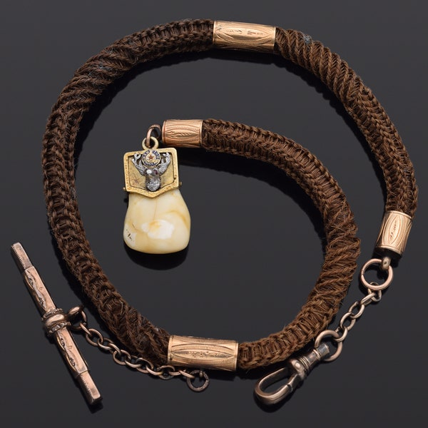 Antique GF Ruby & Elk Tooth Human Braided Hair Pocket Pocket Watch Fob Chain
