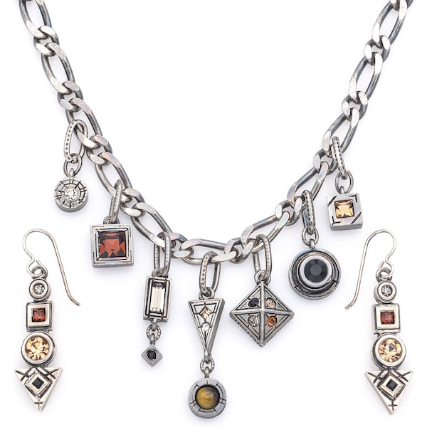 Vintage Patricia Locke Pewter Multi-Color Glass/CZ Chain Necklace & Dangle Earrings Set