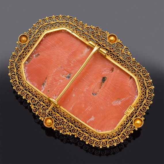 Antique 18K Yellow Gold Red Coral Cameo Brooch Pi… - image 3