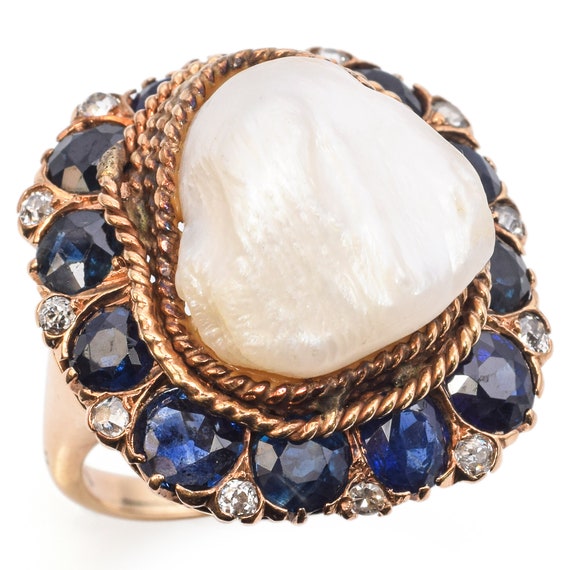 Antique Yellow Gold Pearl, Sapphire & Diamond Coc… - image 2