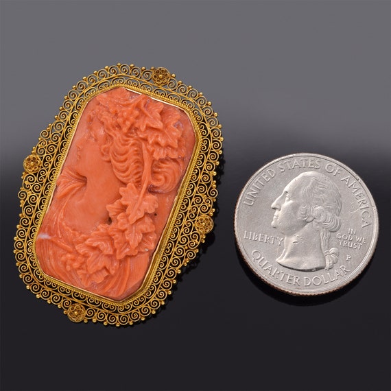 Antique 18K Yellow Gold Red Coral Cameo Brooch Pi… - image 4