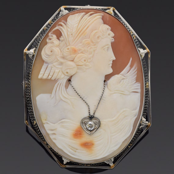 Antique 14K White Gold Cameo Shell & Diamond Oval… - image 1