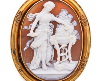 Antike 13K Gelbgold Cameo Shell Hygeia Gott der Gesundheit Brosche Pin Anhänger