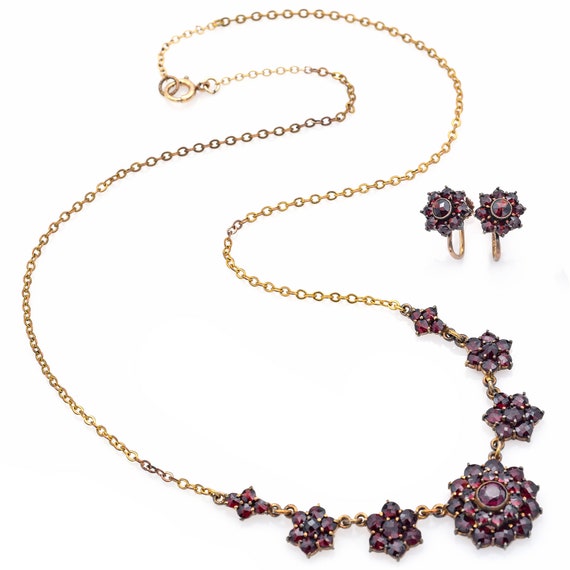 Antique Gold-Filled Garnet Necklace & Screw-Back … - image 1