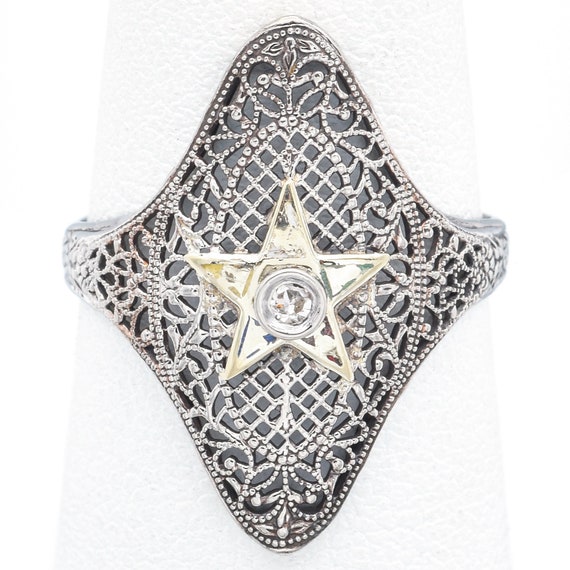 Antique Art Deco Diamond 14K White Gold Star Cock… - image 2