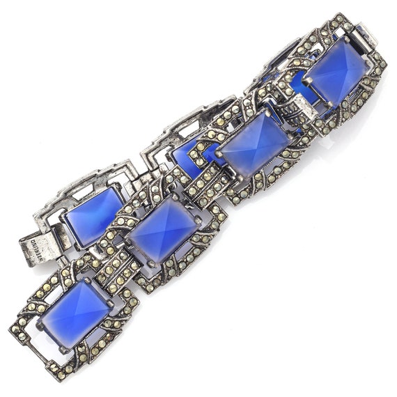 Vintage Sterling Silver Blue Glass & Marcasite Te… - image 3