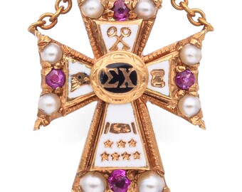 Vintage 18k Gelbgold Rubin & Perlen Emaille Sigma Chi Fraternity Cross Pin