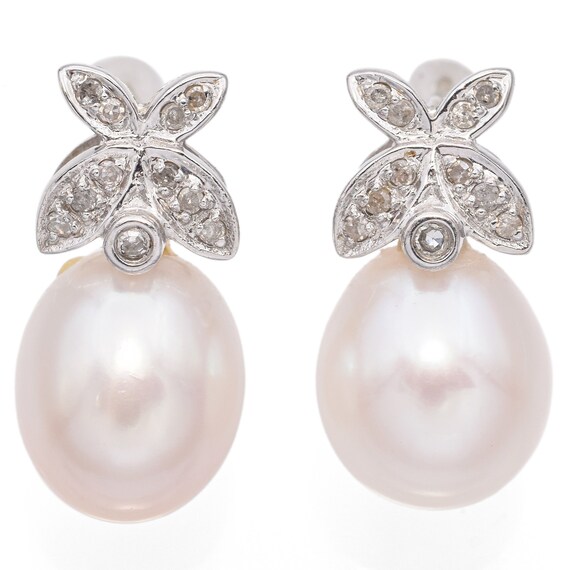 Vintage 14K White Gold Pearl & Diamond Earrings
